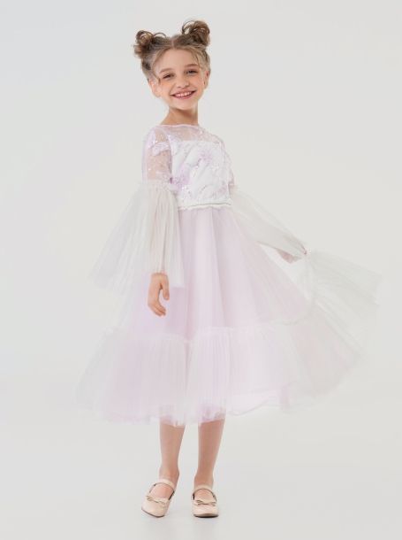 Фото1: картинка 1533.1.43 Платье нарядное Церемония, с бабочками и с пышными рукавами, нежно-лиловый Choupette - одевайте детей красиво!