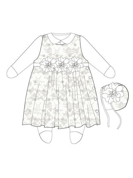 Фото1: картинка 1457.43К-кт  нарядный "Церемония" (платье-комбинезон и чепчик) кружевной с цветами, экрю (56) Choupette - одевайте детей красиво!