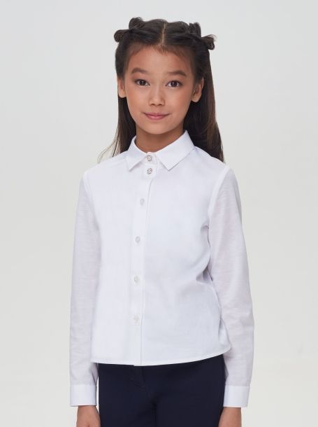 Фото2: картинка 593.31 Блузка классическая комбинированная с трикотажем, длинный рукав, белый Choupette - одевайте детей красиво!