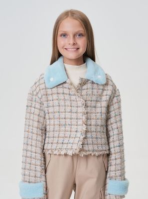 Фото1: картинка 26.116 Жакет укороченный из твида, бежевый/бирюзовый Choupette - одевайте детей красиво!