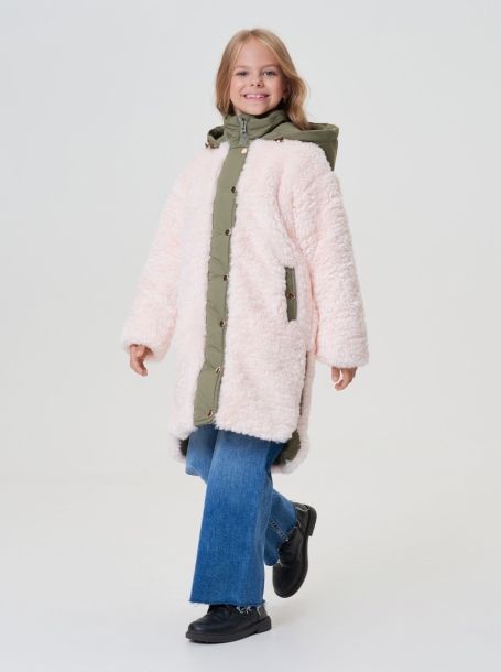 Фото1: картинка 742.20 Пальто из искусственного меха, розовый с отделкой хаки Choupette - одевайте детей красиво!