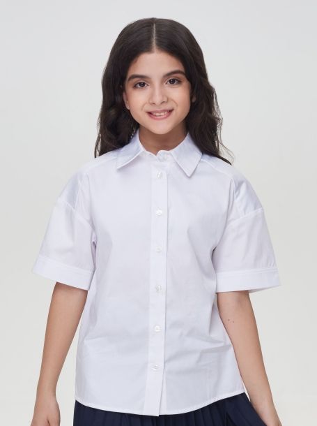 Фото1: картинка 535.31 Блузка в мужском стиле удлиненная,короткий рукав, белый Choupette - одевайте детей красиво!