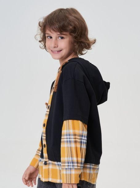 Фото6: картинка 30.115 Толстовка комбинированная с капюшоном, черный/клетка песок Choupette - одевайте детей красиво!