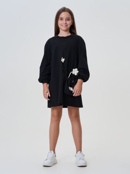 Фото1: картинка 11.116 Платье из футера с объемным декором, черный Choupette - одевайте детей красиво!