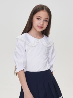 Фото1: картинка 541.31 Блузка трикотажная с декоративным воротником, белый Choupette - одевайте детей красиво!