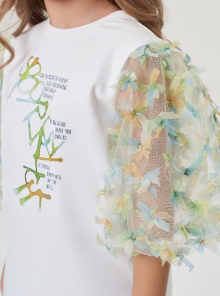 Фото4: картинка 59.120 Блуза трикотажная  с пышными рукавами из сетки с шифоновыми цветами, белый Choupette - одевайте детей красиво!