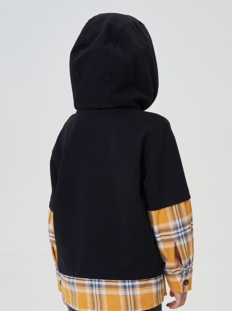 Фото4: картинка 30.115 Толстовка комбинированная с капюшоном, черный/клетка песок Choupette - одевайте детей красиво!