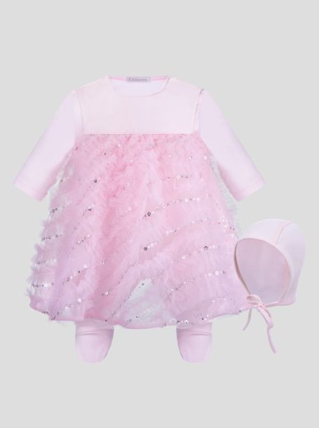 Фото2: картинка 1609.43 Комплект нарядный Церемония (комбинезон-платье, чепчик) с декором, розовый Choupette - одевайте детей красиво!