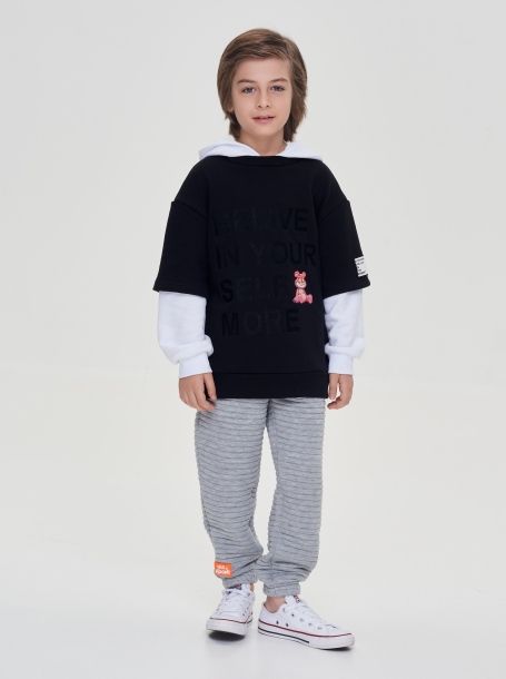 Фото9: картинка 21.109 Джемпер-Худи комбинированный с принтом, экрю/черный Choupette - одевайте детей красиво!