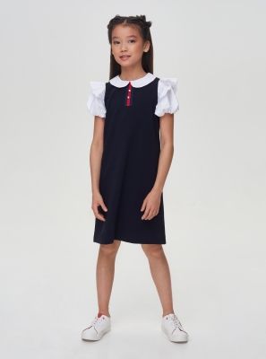 Фото1: картинка 532.31 Платье из футера с объемными рукавами, синий с белым Choupette - одевайте детей красиво!