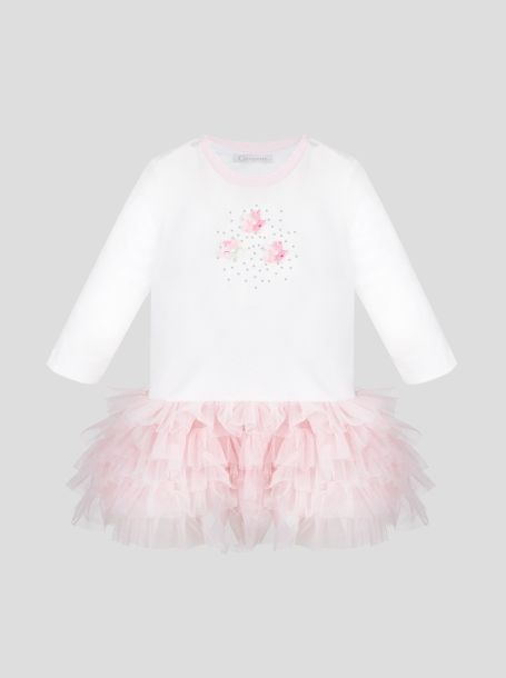 Фото1: картинка 88.118 Платье трикотажное с юбкой из сетки, экрю с розовым Choupette - одевайте детей красиво!