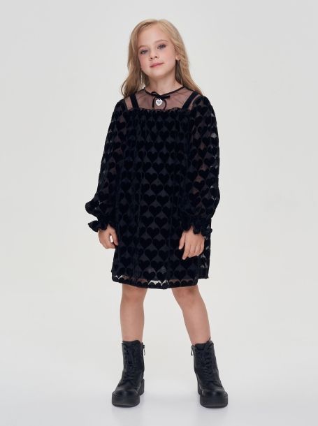 Фото1: картинка 04.108 Платье комбинированное, флоковый декор, черный Choupette - одевайте детей красиво!