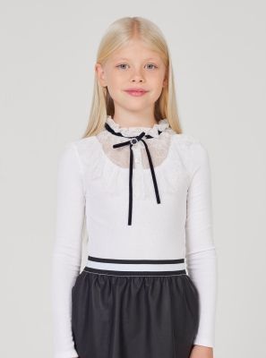 Фото1: картинка 592.1.31 Блуза трикотажная комбинированная с кружевом, белый Choupette - одевайте детей красиво!