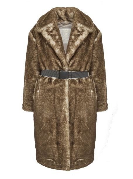 Фото1: картинка 694.1.20 Пальто из искусственного меха со съемным поясом, коричный с бежевым подшерстко Choupette - одевайте детей красиво!