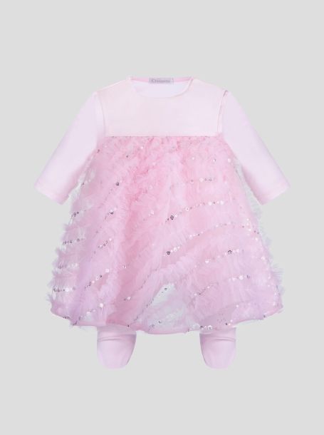Фото1: картинка 1609.43 Комплект нарядный Церемония (комбинезон-платье, чепчик) с декором, розовый Choupette - одевайте детей красиво!