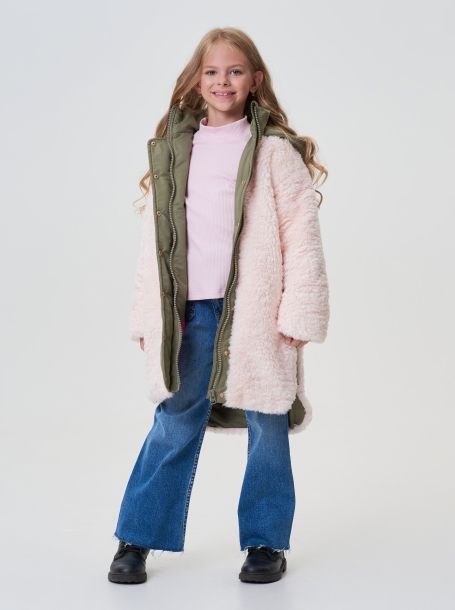 Фото2: картинка 742.20 Пальто из искусственного меха, розовый с отделкой хаки Choupette - одевайте детей красиво!