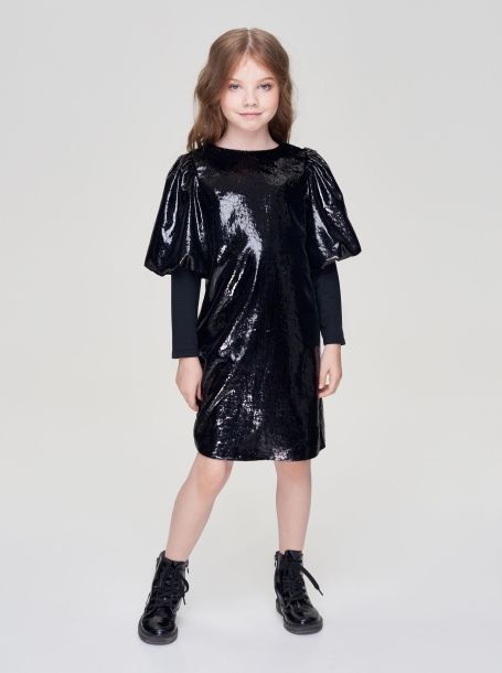 Фото1: картинка 23.108 Платье комбинированное с декоративными рукавами, черный Choupette - одевайте детей красиво!