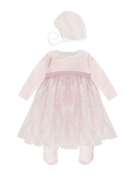 Фото1: картинка 1443.43 Комплект нарядный Церемония (платье-комбинезон, чепчик) велюровый с кружевом, розовый Choupette - одевайте детей красиво!