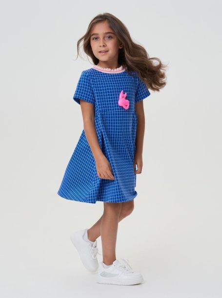 Фото1: картинка 56.114 Платье трикотажное с декором,  электрик/клетка Choupette - одевайте детей красиво!