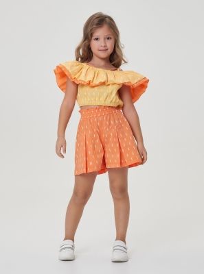 Фото1: картинка 53.120 Юбка-шорты из хлопка, мелкий ринт на оранжевом Choupette - одевайте детей красиво!