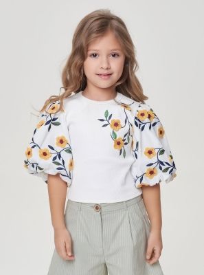 Фото1: картинка 39.120 Блуза трикотажная  с пышными рукавами, объемная цветочная вышивка Choupette - одевайте детей красиво!