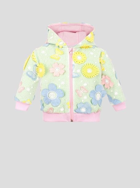 Фото1: картинка 110.118 Джемпер-Бомбер из фактурной ткани с цветами и бабочками, мятный Choupette - одевайте детей красиво!