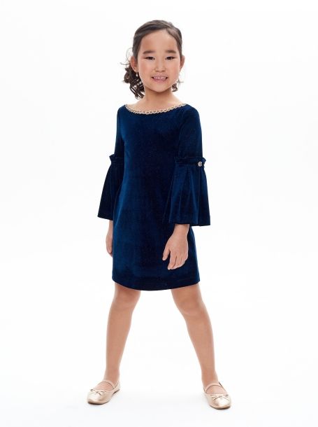 Фото1: картинка 1402.43 Платье нарядное Церемония с арт-рукавами и цепочкой, мерцающий бархат, синий Choupette - одевайте детей красиво!