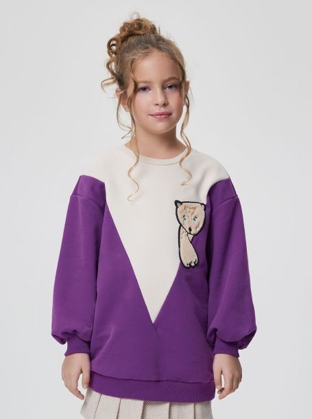 Фото1: картинка 41.2.116 Толстовка, оверсайз с декором, бежевый/фиолетовый Choupette - одевайте детей красиво!