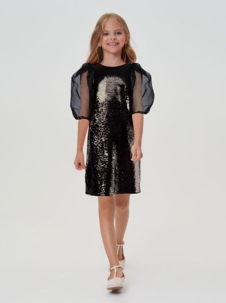 Фото1: картинка 72.116 Платье с пайетками и декором из органзы, черный Choupette - одевайте детей красиво!