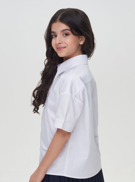Фото3: картинка 535.31 Блузка в мужском стиле удлиненная,короткий рукав, белый Choupette - одевайте детей красиво!