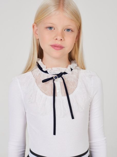 Фото3: картинка 592.1.31 Блуза трикотажная комбинированная с кружевом, белый Choupette - одевайте детей красиво!