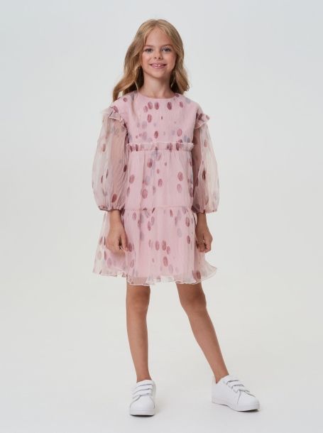 Фото1: картинка 38.114 Платье из жатой органзы, принт на бежевом Choupette - одевайте детей красиво!