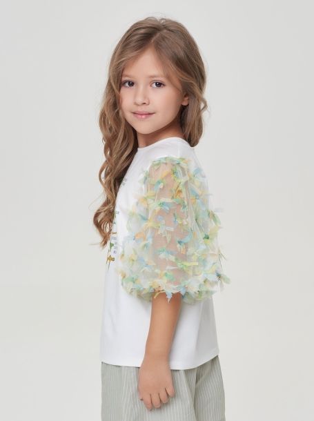 Фото2: картинка 59.120 Блуза трикотажная  с пышными рукавами из сетки с шифоновыми цветами, белый Choupette - одевайте детей красиво!