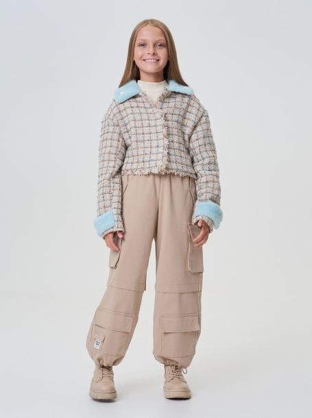 Фото6: картинка 26.116 Жакет укороченный из твида, бежевый/бирюзовый Choupette - одевайте детей красиво!