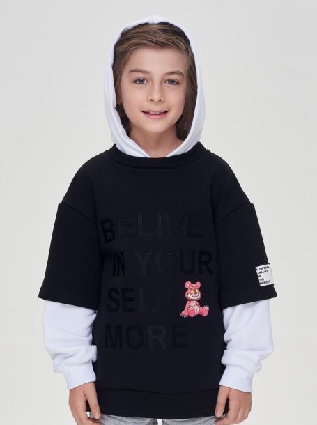 Фото3: картинка 21.109 Джемпер-Худи комбинированный с принтом, экрю/черный Choupette - одевайте детей красиво!