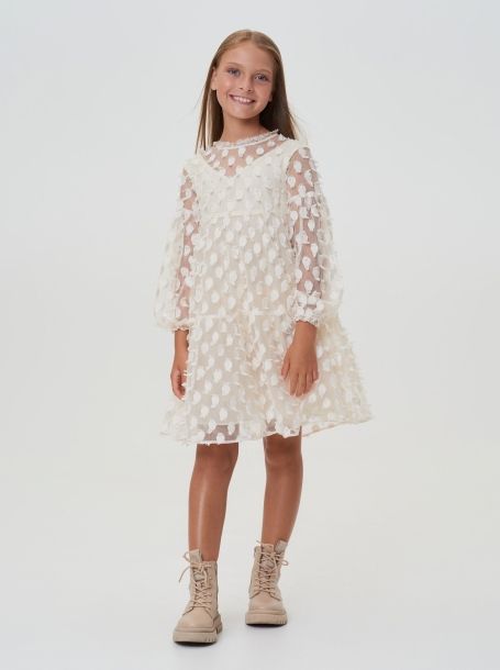 Фото1: картинка 46.114 Платье нарядное из сетки в крупный горох, экрю Choupette - одевайте детей красиво!