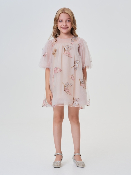 Фото1: картинка 74.116 Платье платье нарядное с вышивками на ткани, пудровое золото Choupette - одевайте детей красиво!