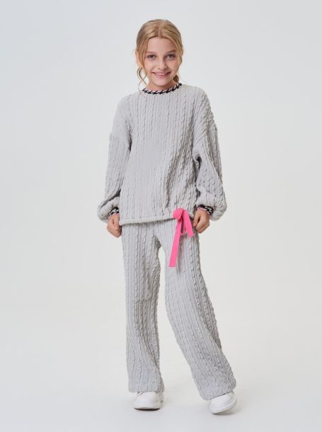 Фото2: картинка 37.116 Брюки из плетеного трикотажа, пояс на резинке, серый Choupette - одевайте детей красиво!