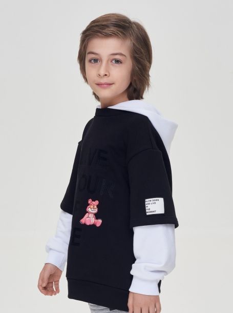 Фото2: картинка 21.109 Джемпер-Худи комбинированный с принтом, экрю/черный Choupette - одевайте детей красиво!