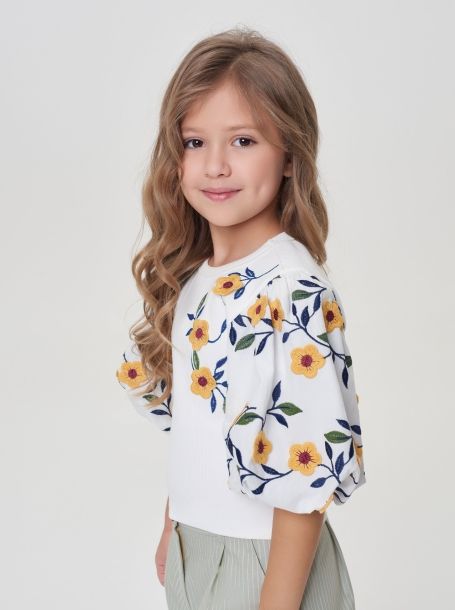 Фото4: картинка 39.120 Блуза трикотажная  с пышными рукавами, объемная цветочная вышивка Choupette - одевайте детей красиво!