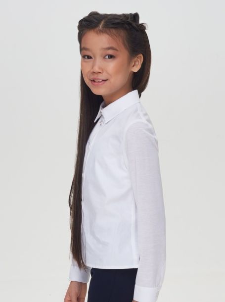 Фото4: картинка 593.31 Блузка классическая комбинированная с трикотажем, длинный рукав, белый Choupette - одевайте детей красиво!