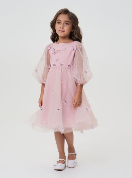 Фото1: картинка 52.116 Платье нарядное с бабочками, пудровый Choupette - одевайте детей красиво!