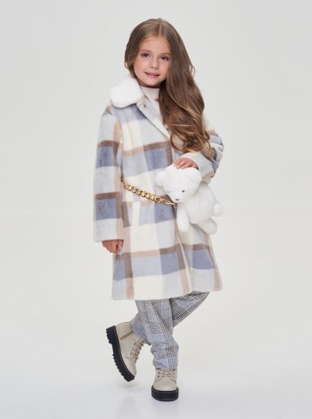 Фото1: картинка 688.1.20 Пальто в клетку на синтепоне, с сумочкой"Мишка" серый\экрю Choupette - одевайте детей красиво!