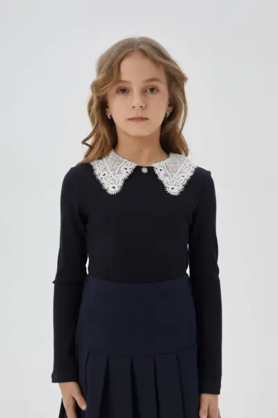 Блузка из трикотажа с кружевным воротником, синяя — изображение 5