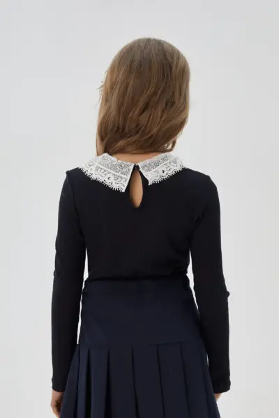 Блузка из трикотажа с кружевным воротником, синяя — изображение 3