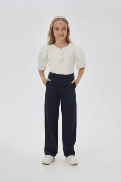 Брюки прямого кроя с высокой посадкой, синие — изображение 6