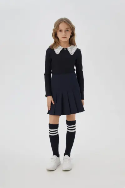 Блузка из трикотажа с кружевным воротником, синяя — изображение 6