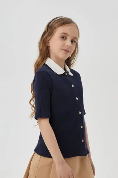 Блузка с воротником поло, синяя — изображение 4