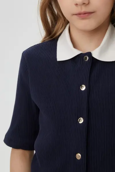 Блузка с воротником поло, синяя — изображение 8