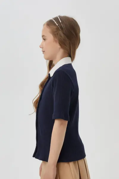 Блузка с воротником поло, синяя — изображение 3